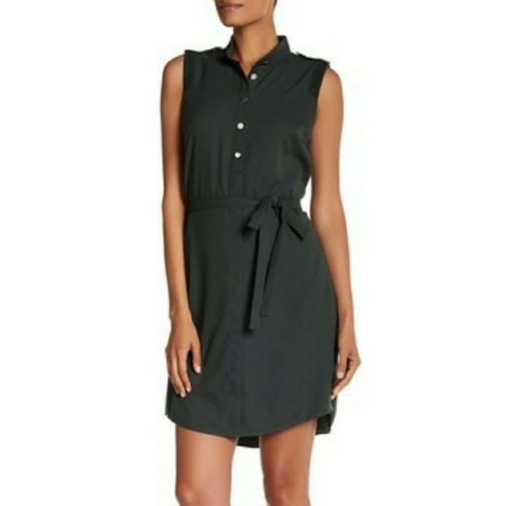 𝅺PARKER Forest Green Genuine Leather Trim Shirt Dress, size S